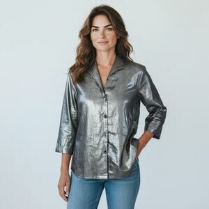 Connie Roberson Silver Metallic Button Down Shirt Top Size Small Linen